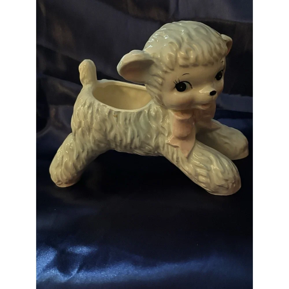 Vintage Dualite Products Japan Lamb Planter Vase Pink Bow Ceramic Nursery [B]